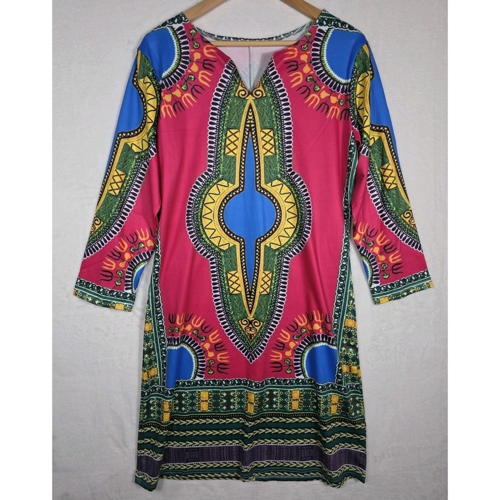 NWT Dashiki Print Tunic Dress XL Pink Blue Boho Tribal Casual Travel 3/4 Sleeve - Picture 2 of 10